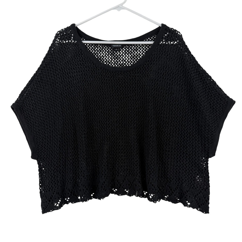 Torrid Sweater Womens 2 Plus Black Open Knit Dolman Short Sleeve Sheer Pullover